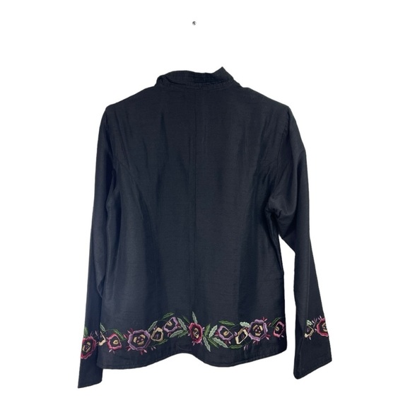 Vintage 90s Units Sz M Silk blend Black Floral Embroidered Jacket Mandarin frog - Picture 2 of 7
